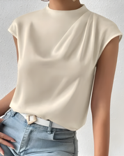 Elegant Women's Satin Top with Waterfall Neck and Sleeveless Design