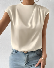Elegant Women's Satin Top with Waterfall Neck and Sleeveless Design