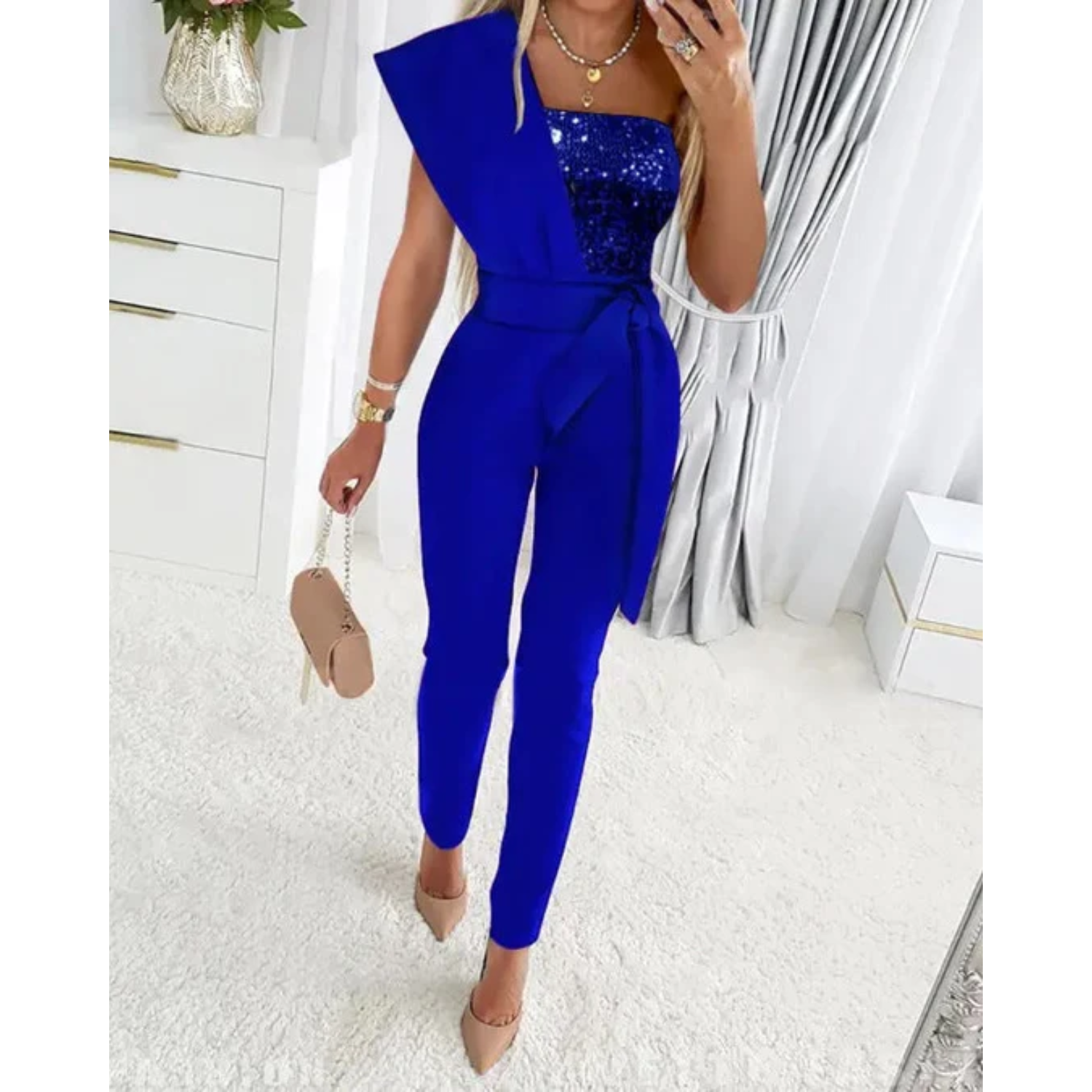 Elegant One-Shoulder Jumpsuit with Sequin Top for Women