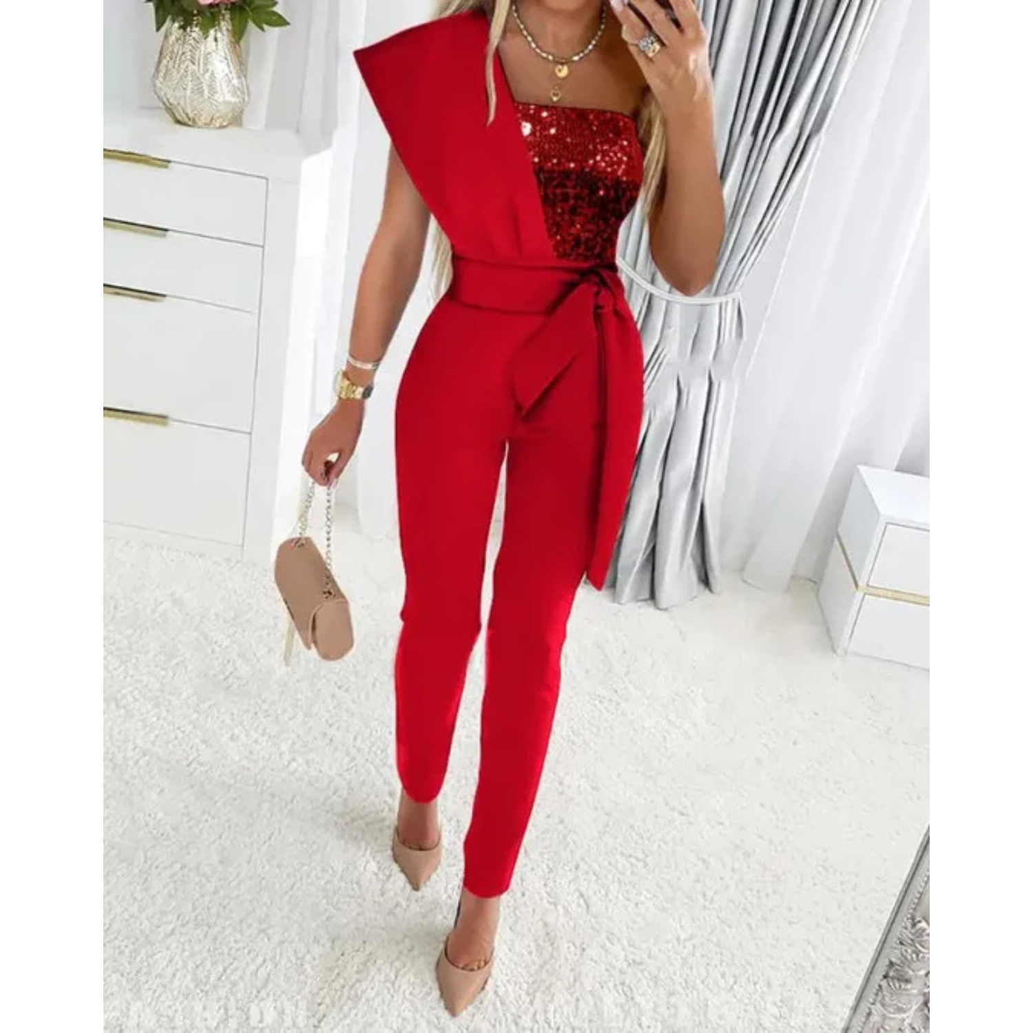 Elegant Glitter Jumpsuit for Women with Belt and One Shoulder