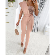 Elegant Glitter Jumpsuit for Women with Belt and One Shoulder