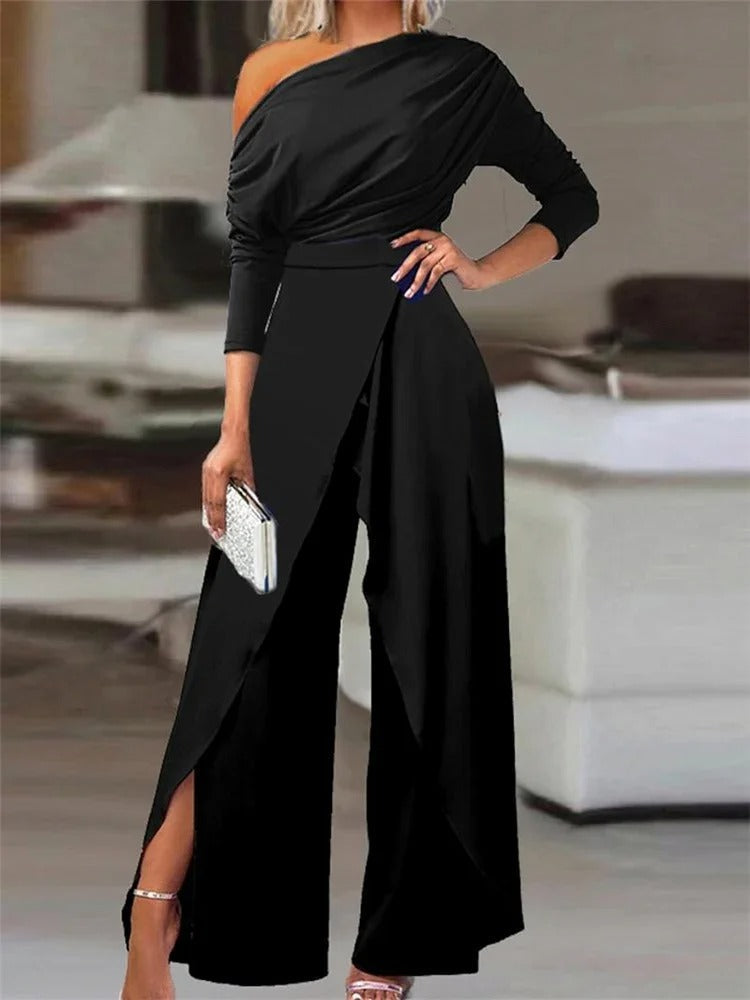 Elegant One Shoulder Jumpsuit for Women with Wide Legs and Slit