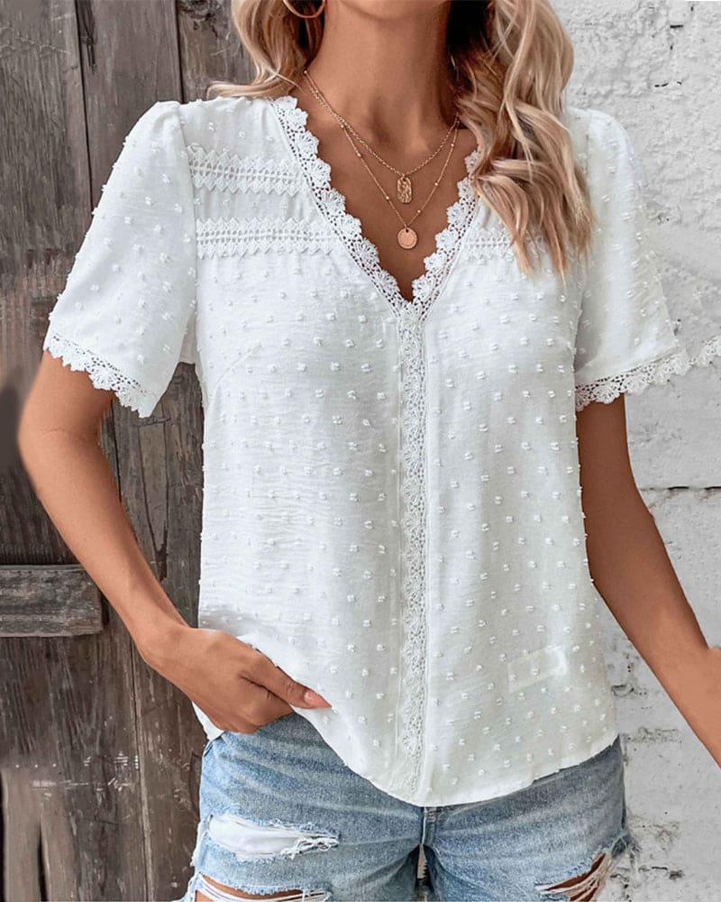 White Lace Top with V Neck and Subtle Dots for Women