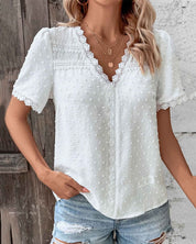 White Lace Top with V Neck and Subtle Dots for Women