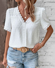 White Lace Top with V Neck and Subtle Dots for Women
