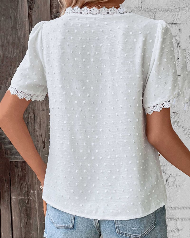 White Lace Top with V Neck and Subtle Dots for Women