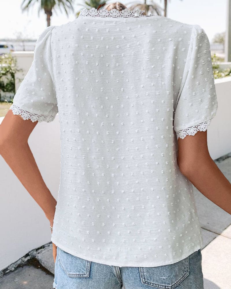 White Lace Top with V Neck and Subtle Dots for Women