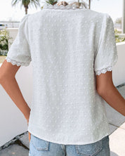 White Lace Top with V Neck and Subtle Dots for Women