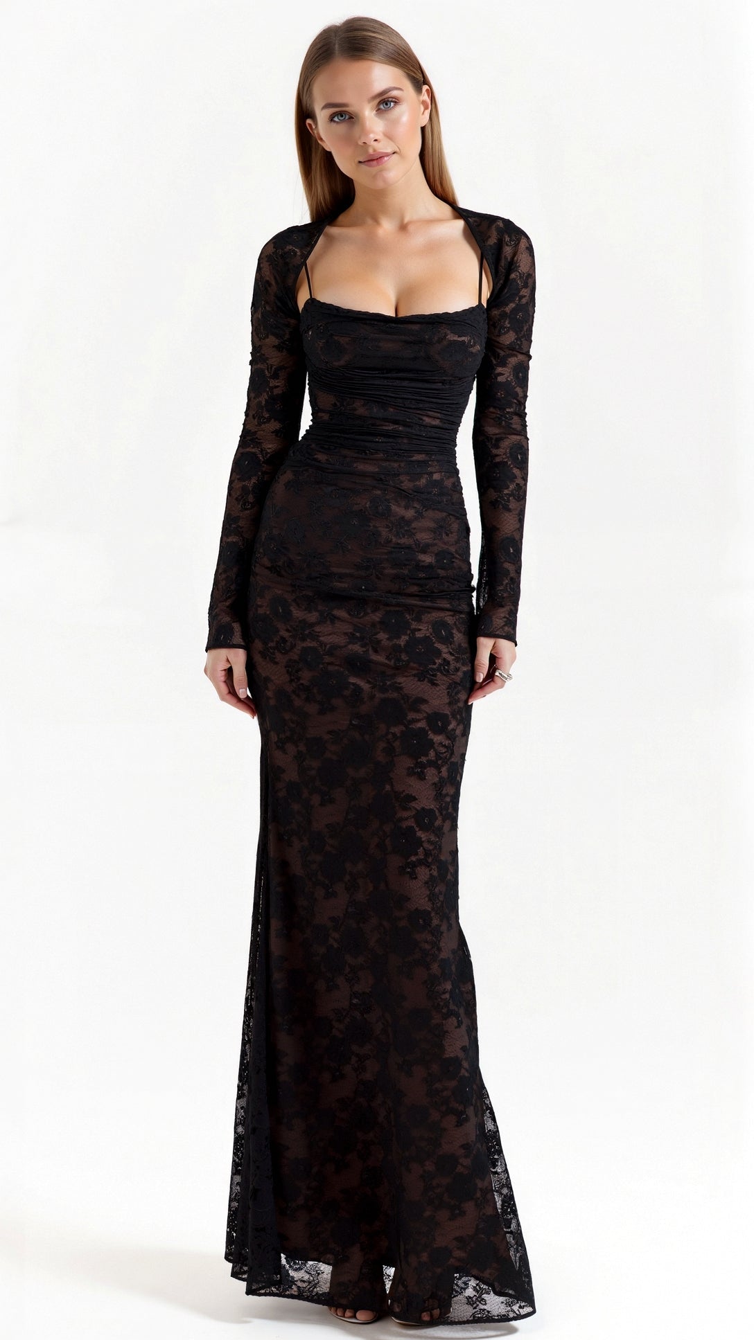 Women's Maxi Lace Evening Dress with Long Sleeves and Elegant Silhouette