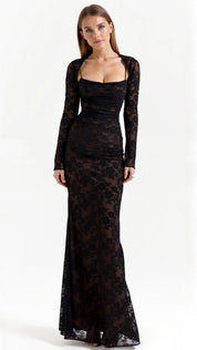 Women's Maxi Lace Evening Dress with Long Sleeves and Elegant Silhouette