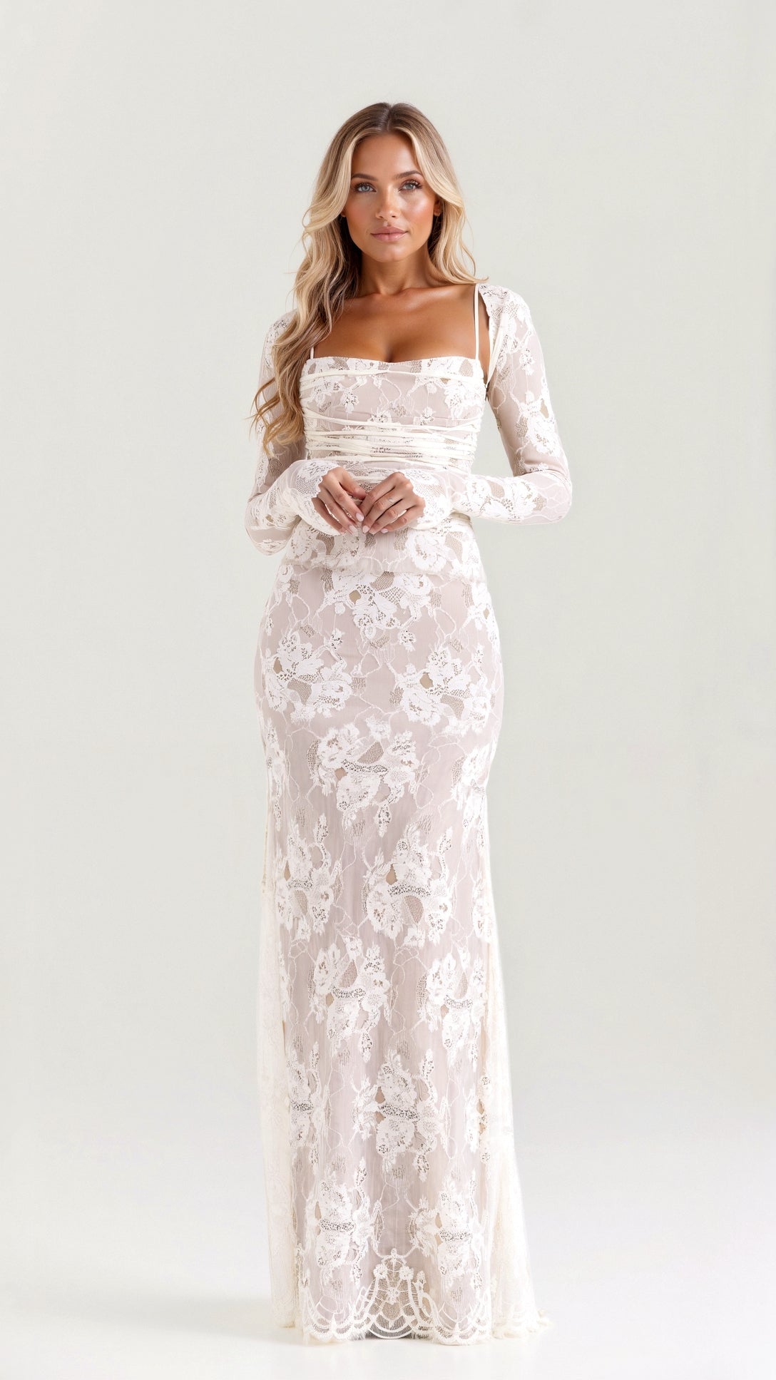 Women's Maxi Lace Evening Dress with Long Sleeves and Elegant Silhouette
