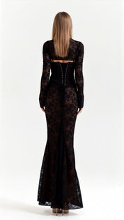 Women's Maxi Lace Evening Dress with Long Sleeves and Elegant Silhouette