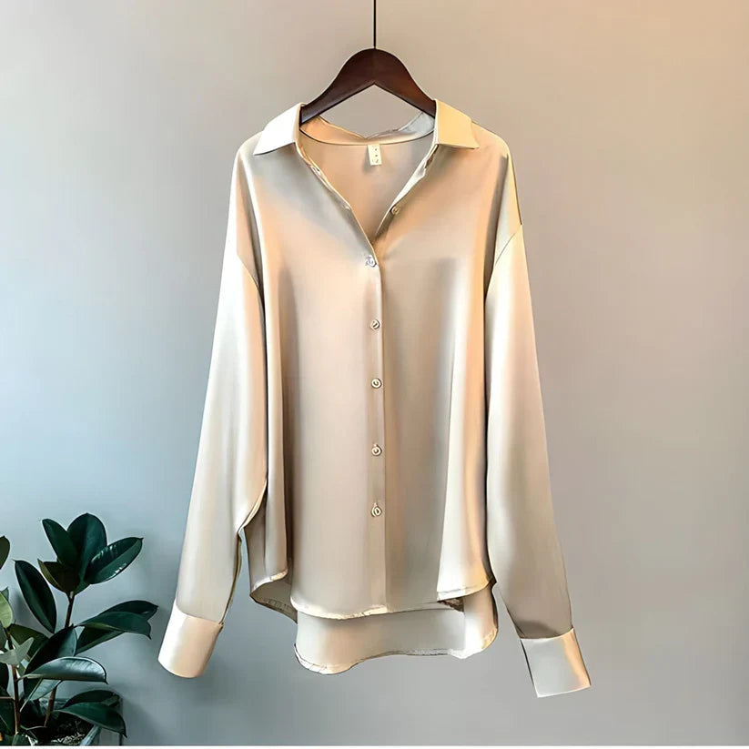 Satin Button-Up Blouse for Women Loose-Fitting with Long Sleeves