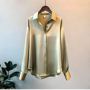Satin Button-Up Blouse for Women Loose-Fitting with Long Sleeves