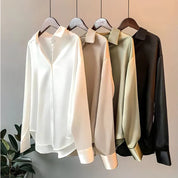 Satin Button-Up Blouse for Women Loose-Fitting with Long Sleeves
