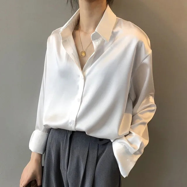 Elegant Satin Blouse Long Sleeve with Collar for Women