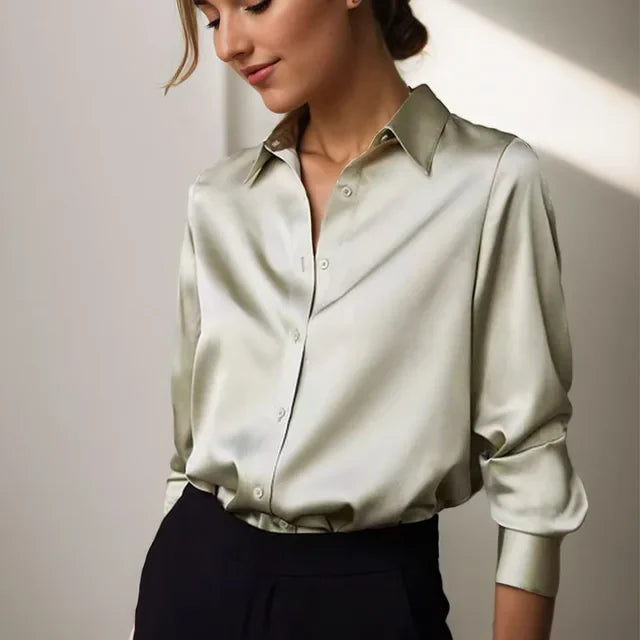 Elegant Satin Blouse Long Sleeve with Collar for Women