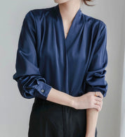 Satin Wrap Blouse with V-Neck and Puff Sleeves for Women