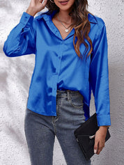 Satin Look Button-Up Blouse with Long Sleeves for Women