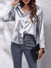Satin Look Button-Up Blouse with Long Sleeves for Women
