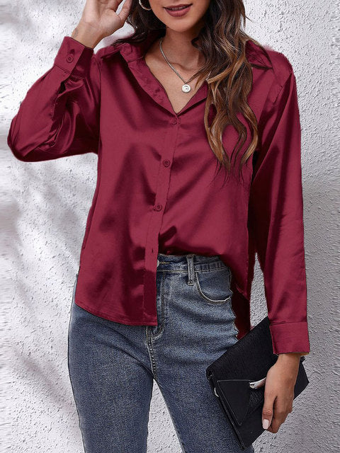 Satin Look Button-Up Blouse with Long Sleeves for Women