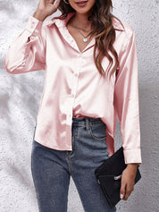 Satin Look Button-Up Blouse with Long Sleeves for Women