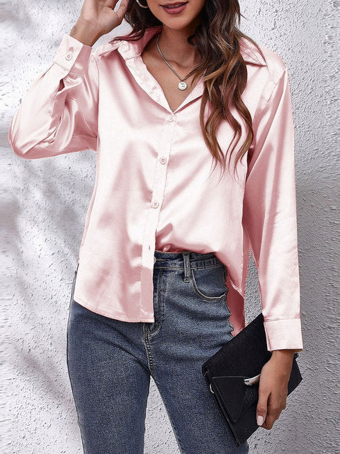 Satin Look Button-Up Blouse with Long Sleeves for Women
