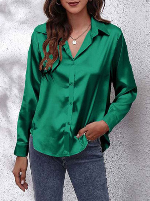 Satin Look Button-Up Blouse with Long Sleeves for Women