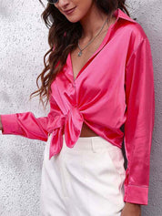 Satin Look Button-Up Blouse with Long Sleeves for Women