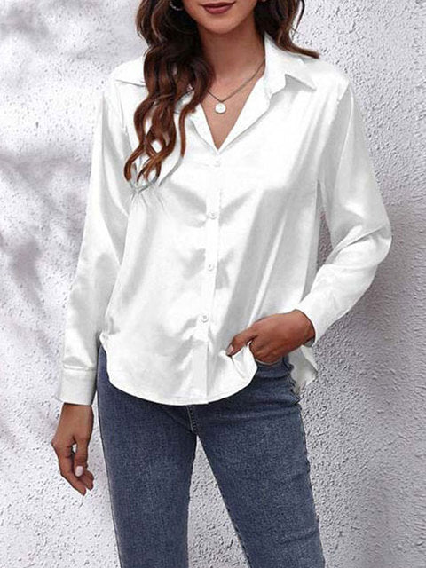 Satin Look Button-Up Blouse with Long Sleeves for Women