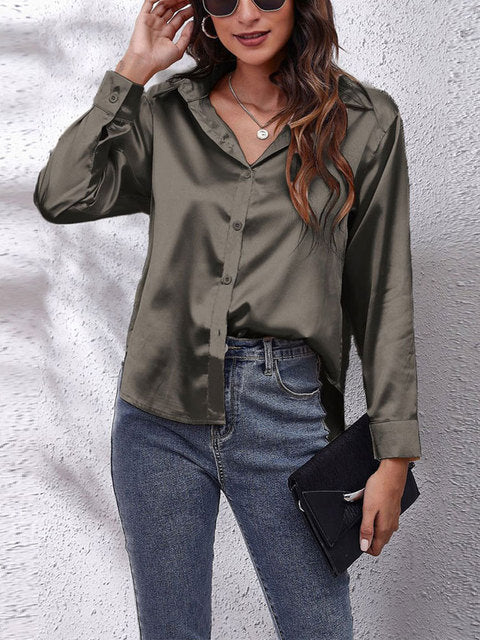 Satin Look Button-Up Blouse with Long Sleeves for Women