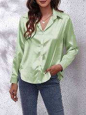 Satin Look Button-Up Blouse with Long Sleeves for Women