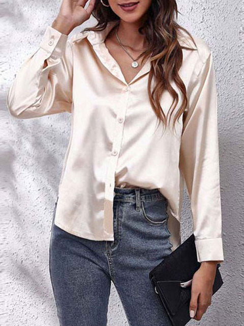 Satin Look Button-Up Blouse with Long Sleeves for Women