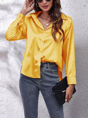 Satin Look Button-Up Blouse with Long Sleeves for Women