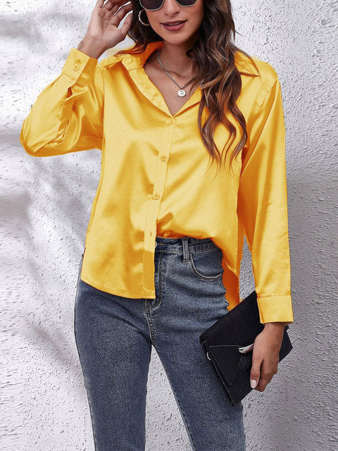 Satin Look Button-Up Blouse with Long Sleeves for Women