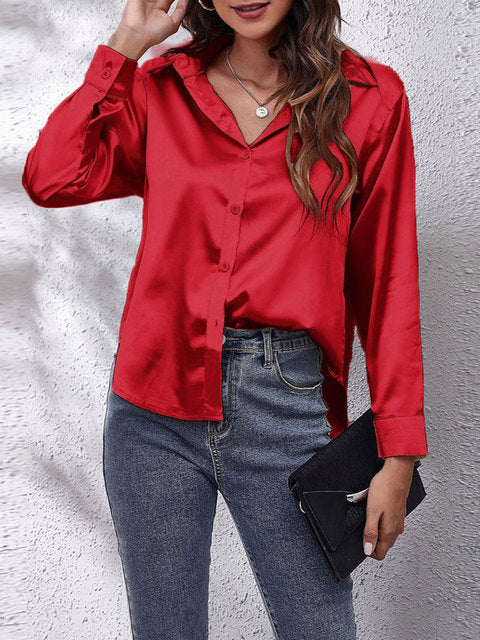 Satin Look Button-Up Blouse with Long Sleeves for Women