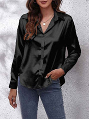 Satin Look Button-Up Blouse with Long Sleeves for Women