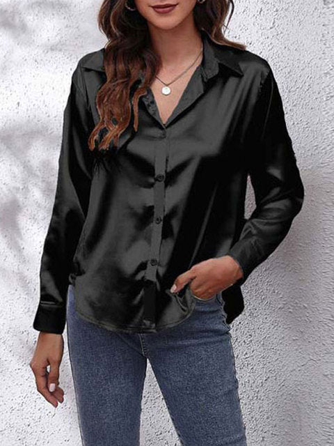 Satin Look Button-Up Blouse with Long Sleeves for Women