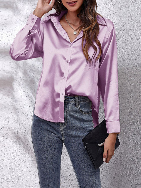 Satin Look Button-Up Blouse with Long Sleeves for Women