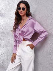 Satin Look Button-Up Blouse with Long Sleeves for Women