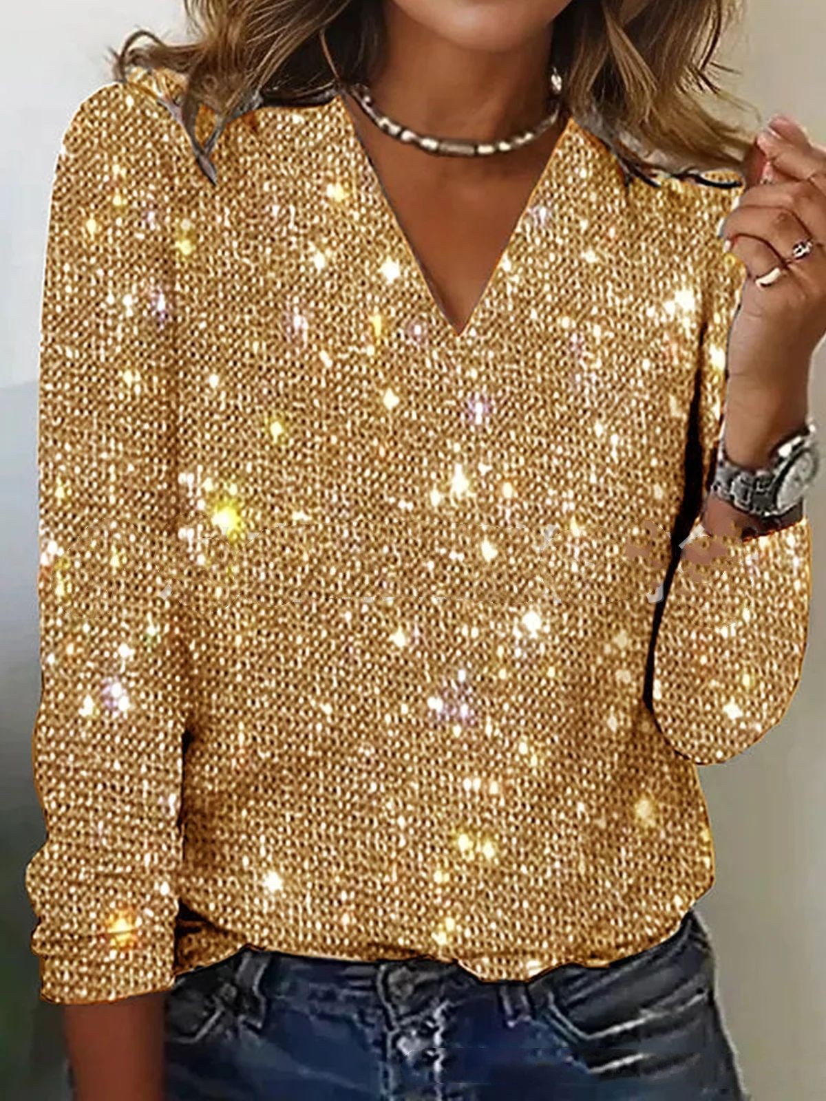 Glitter V-Neck Top with Long Sleeves for Women