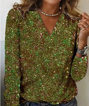 Glitter V-Neck Top with Long Sleeves for Women