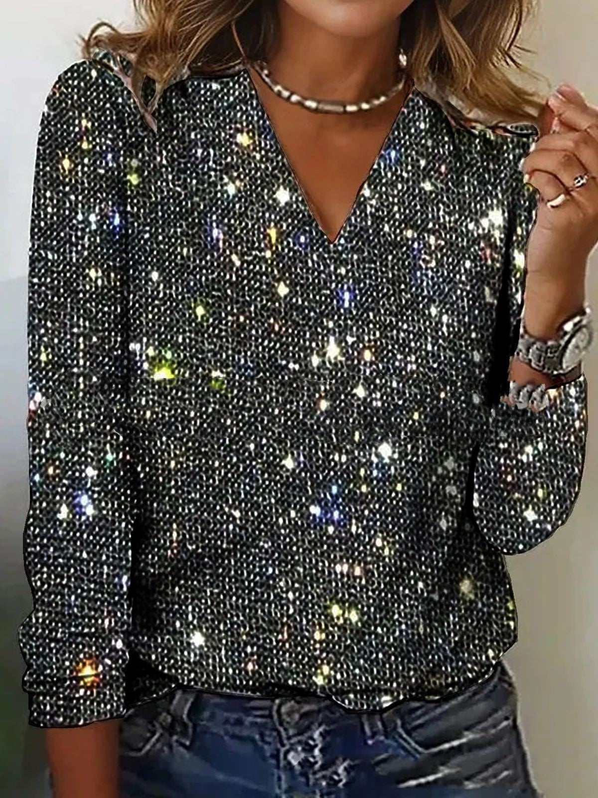 Glitter V-Neck Top with Long Sleeves for Women
