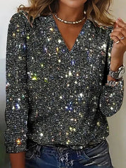 Glitter V-Neck Top with Long Sleeves for Women