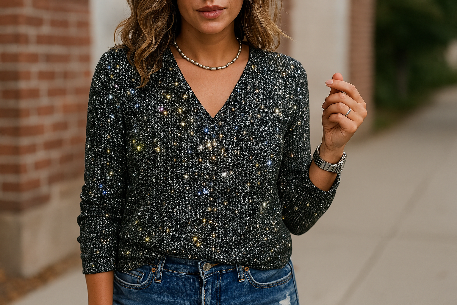 Glitter V-Neck Top with Long Sleeves for Women