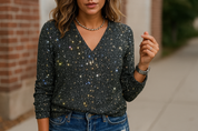 Glitter V-Neck Top with Long Sleeves for Women