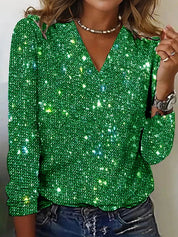 Glitter V-Neck Top with Long Sleeves for Women