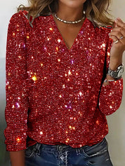 Glitter V-Neck Top with Long Sleeves for Women