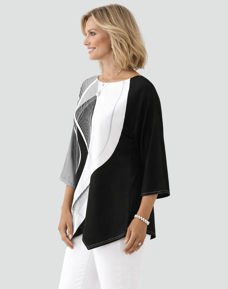 Geometric Blouse with Three-Quarter Sleeves and Print