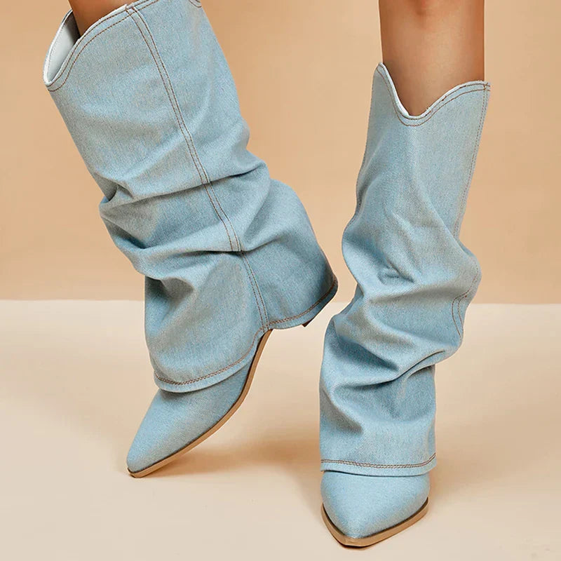 Women's Denim Cowboy Boots with High Western Pointed Toe